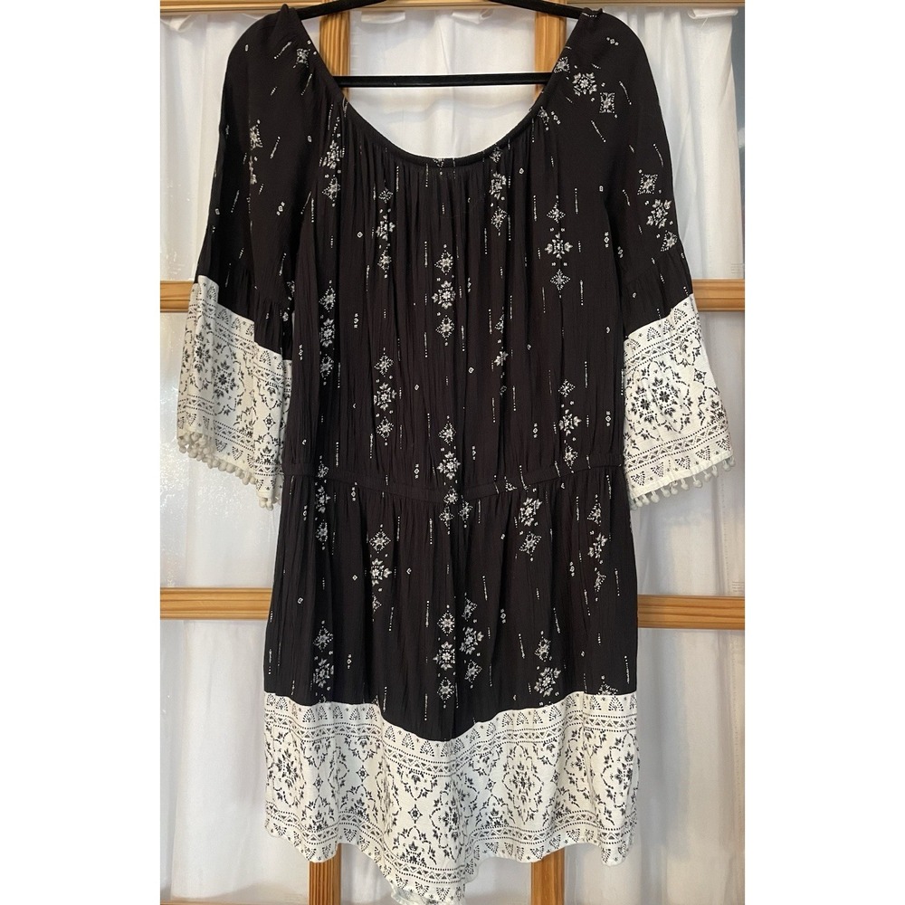 Vtg 90s MUDD Floral Romper XL Black Crinkly Flare Sleeve Round Fringes Boho City